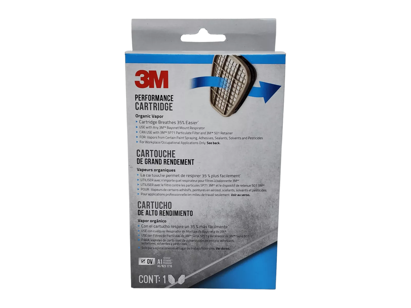 Grey box with blue accents showcasing 3M Vapor Cartridge, designed for use with a respirator mask.