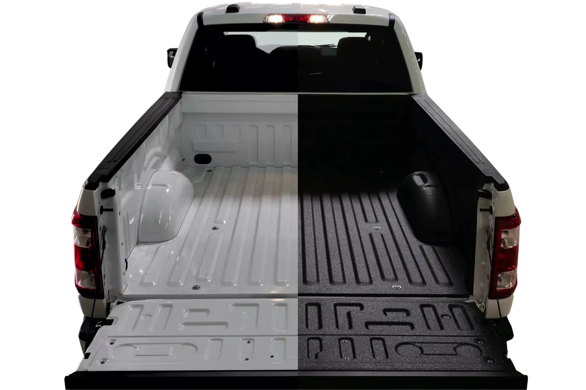 Before and after comparison of a white truck with and without the bedliner