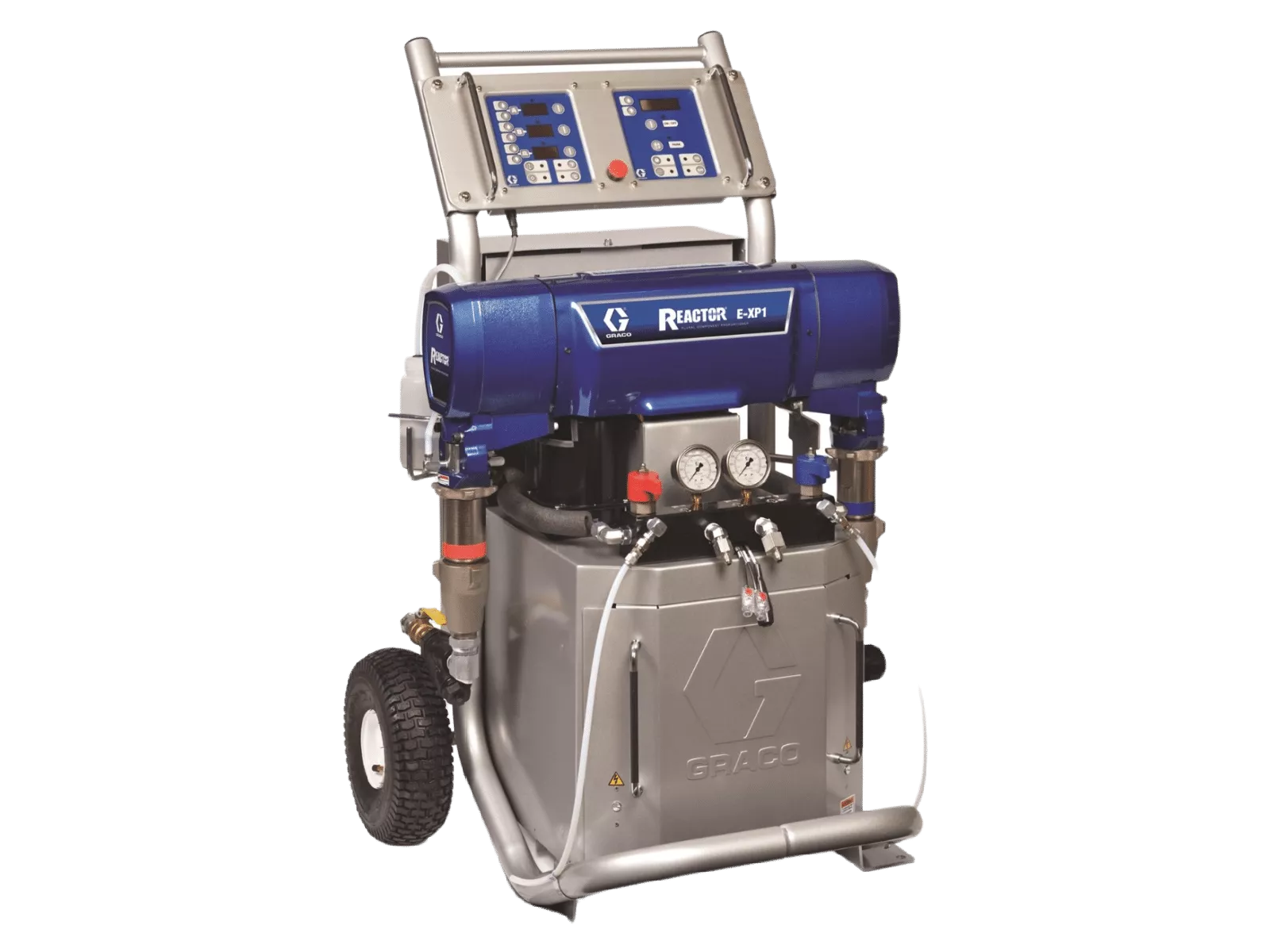 E-XP1 Machine, the advanced bedliner application system in silver and blue, expertly mixing and pressurizing chemicals for precise spray-on bedliner application for your Bedliner Business.